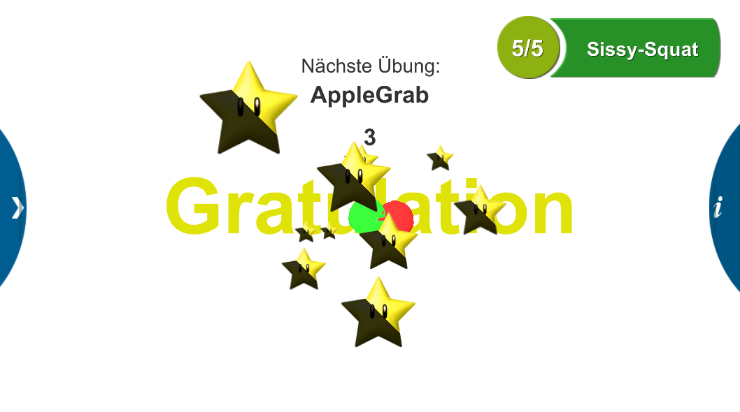 REHABitation - Level-Endbildschrim eines Trainingsspiels mit Punktedarstellung und Levelguide