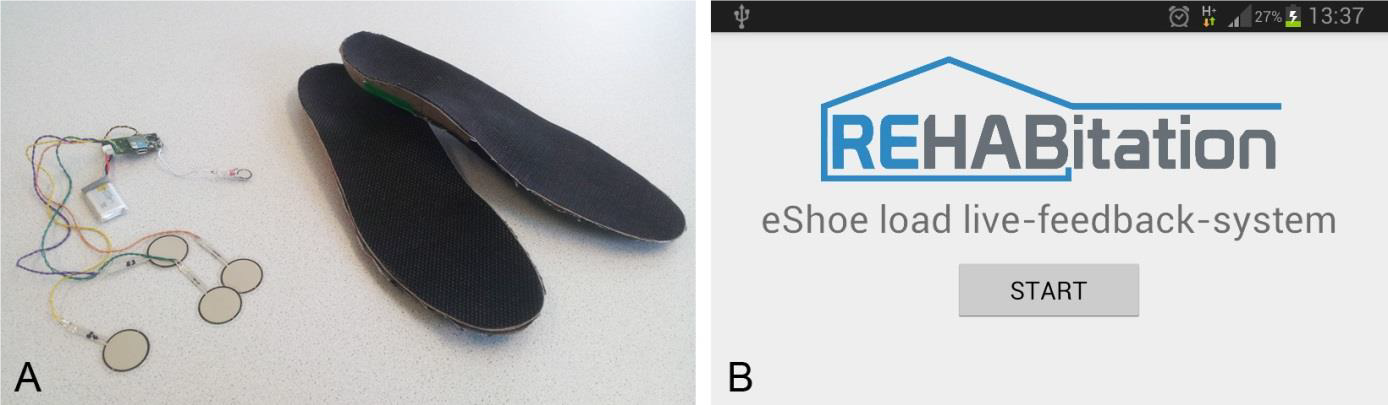 REHABitation - Teilbelastungssystem mit instrumentierter Einlegesohle und Startbildschirm der mobilen Applikation